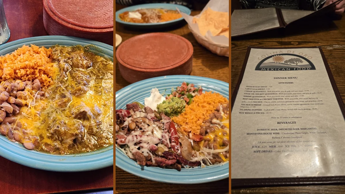 Plates of burritos, enchiladas, and salsa.